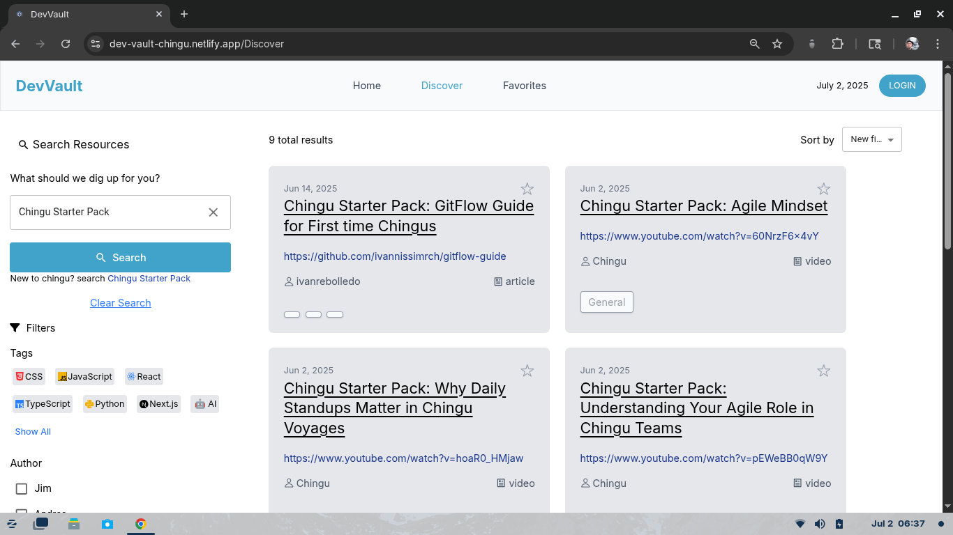 Screenshot of DevVault app homepage